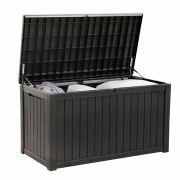 Olsen & Smith 680L Large Outdoor Garden Storage Box – Weather-Resistant Heavy-Duty Plastic Storage Chest with Padlock, Wood-Effect Finish & Gas Lift Lid for Cushions, Tools & Toys (Anthracite Black)